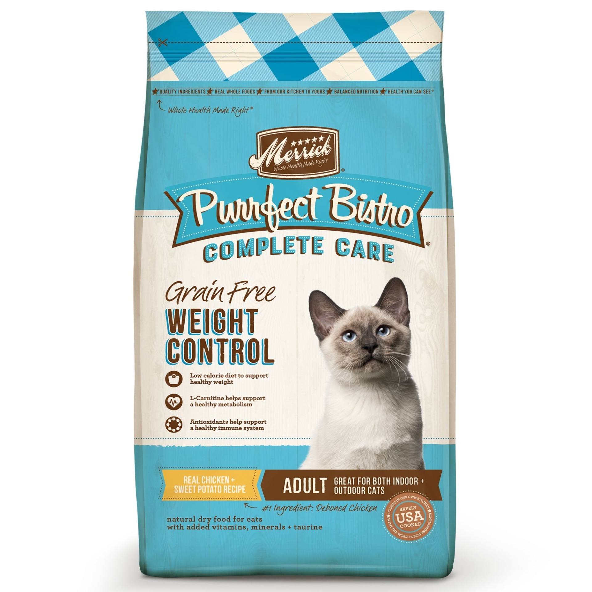 slide 1 of 1, Merrick Purrfect Bistro Grain Free Complete Care Weight Control Recipe Dry Cat Food, 4 lb
