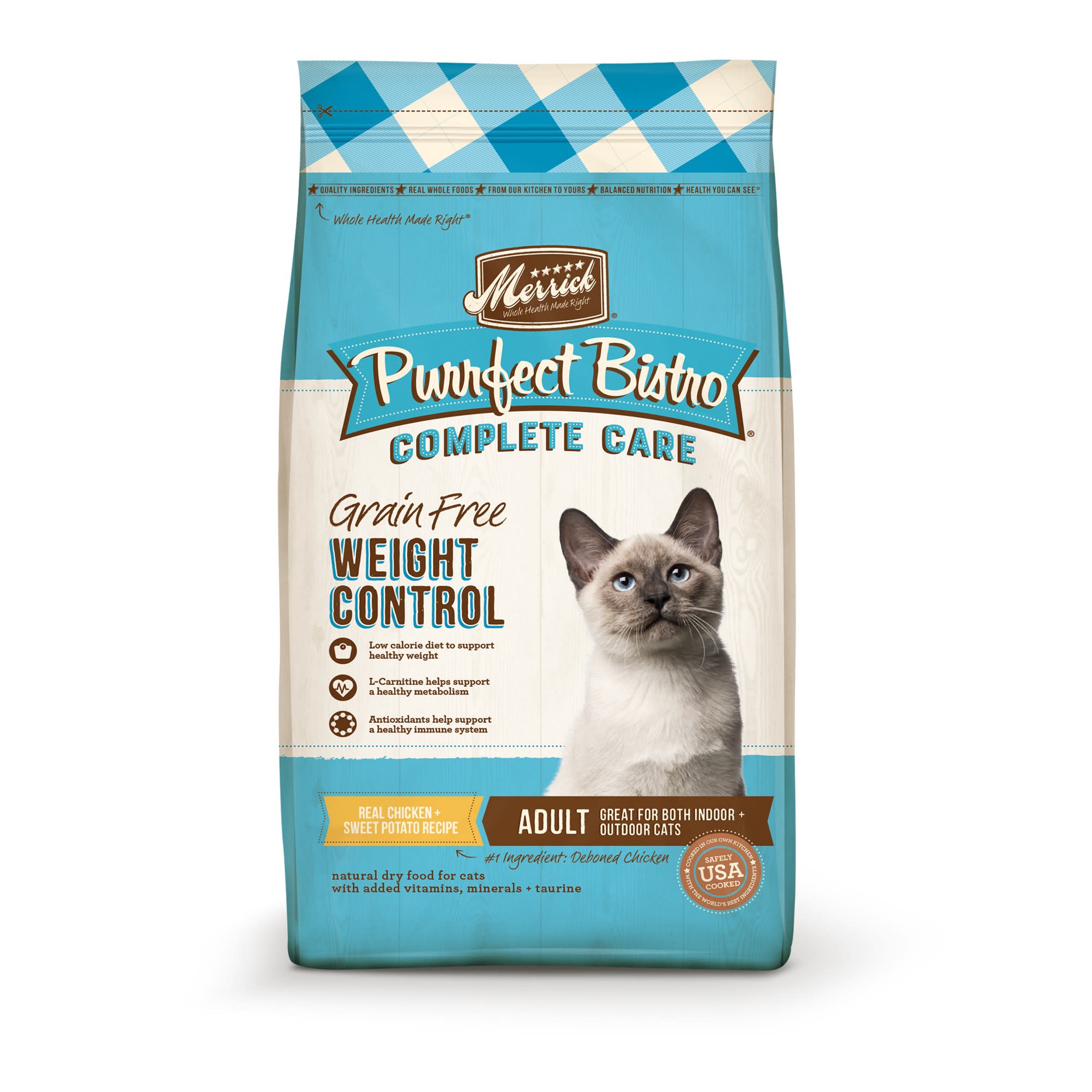 slide 1 of 4, Merrick Purrfect Bistro Grain Free Cat Food, Complete Care Weight Control Dry Cat Food Recipe - 4 lb Bag, 4 lb