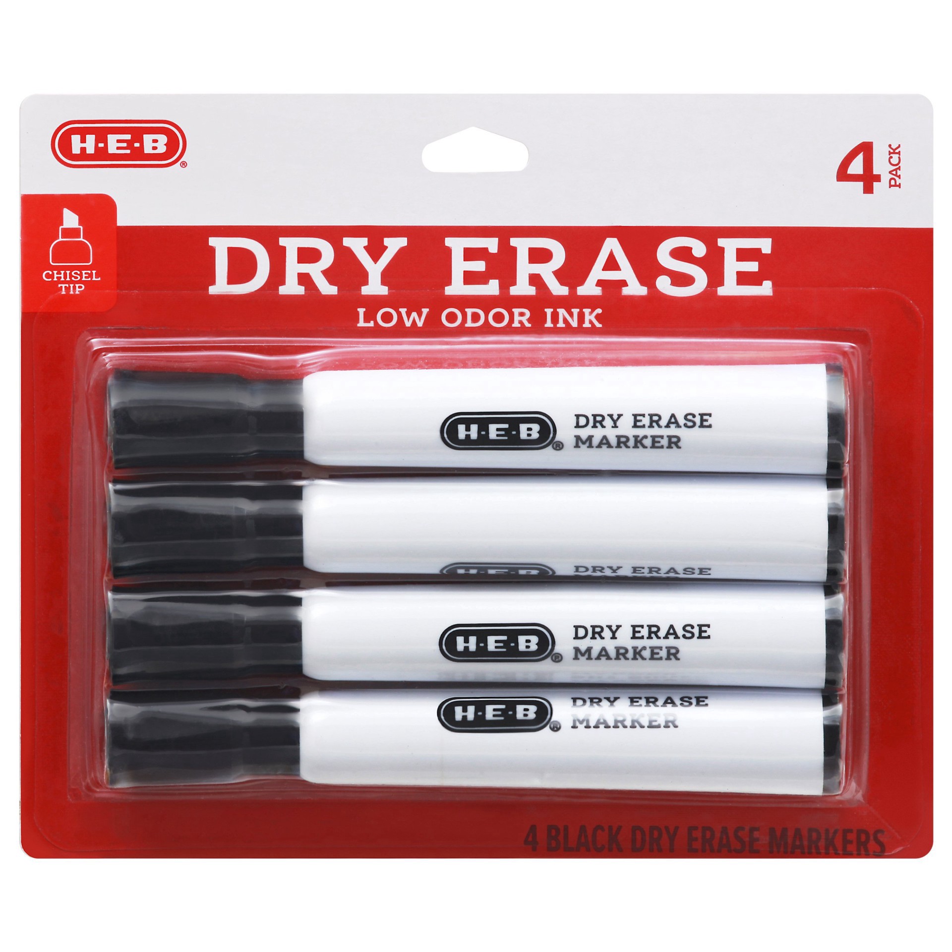 slide 1 of 1, H-E-B Chisel Tip Dry Erase Markers - Black Ink, 4 ct