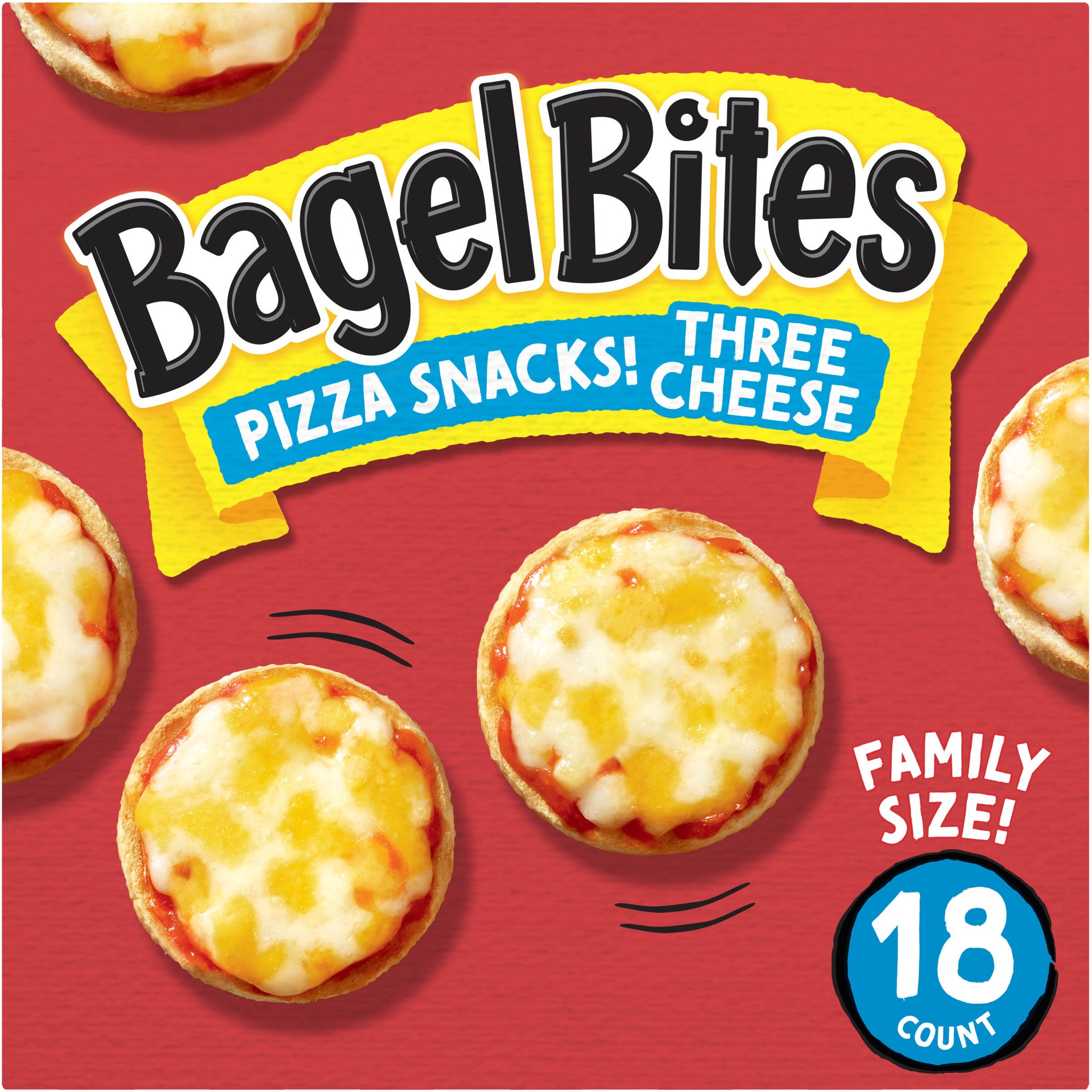 slide 1 of 6, Bagel Bites Three Cheese Mini Pizza Bagel Frozen Snacks, 18 ct Box, 18 ct