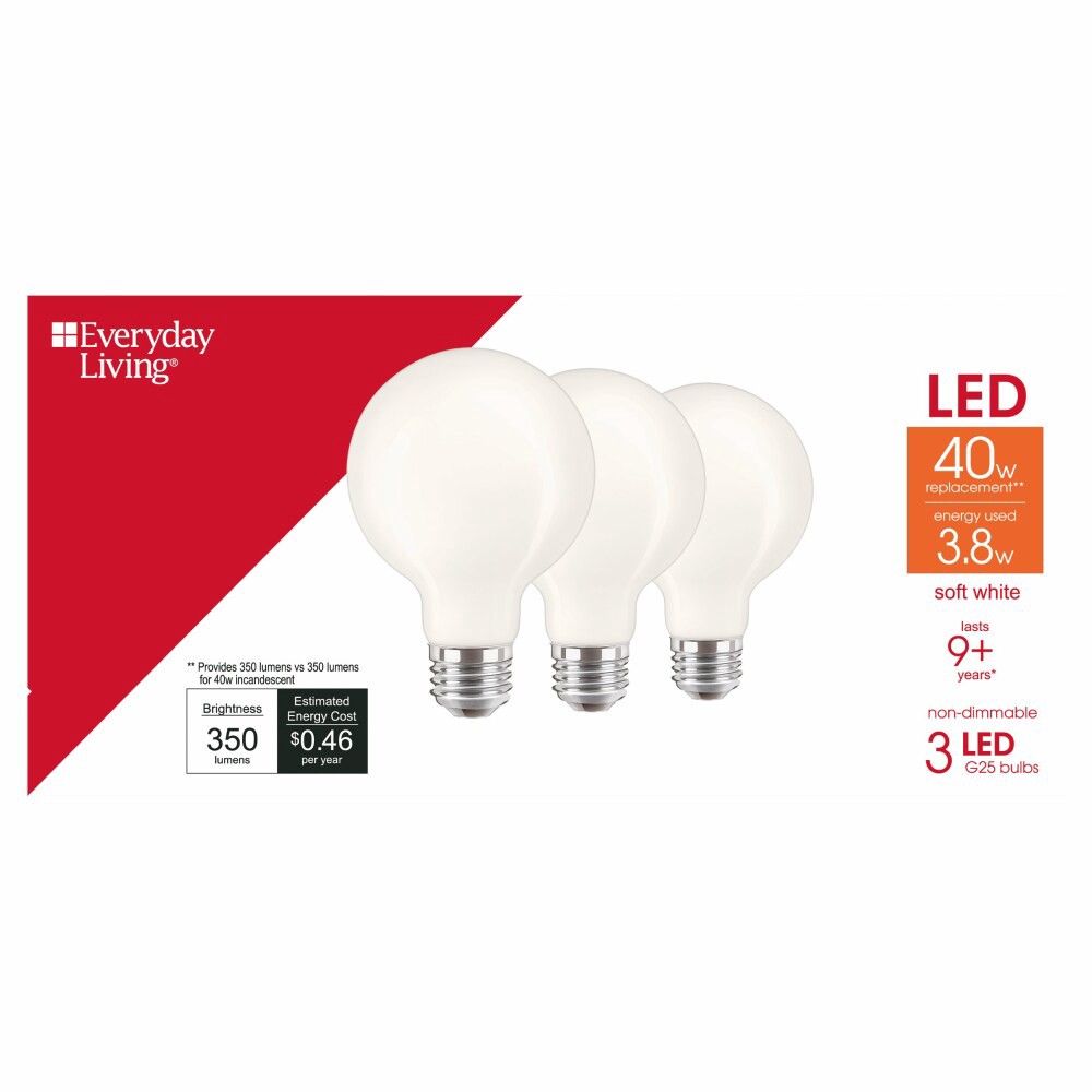 slide 1 of 3, Everyday Living 3.8Watt, 40Watt Replacement G25 Led Light Bulbs, 3 ct