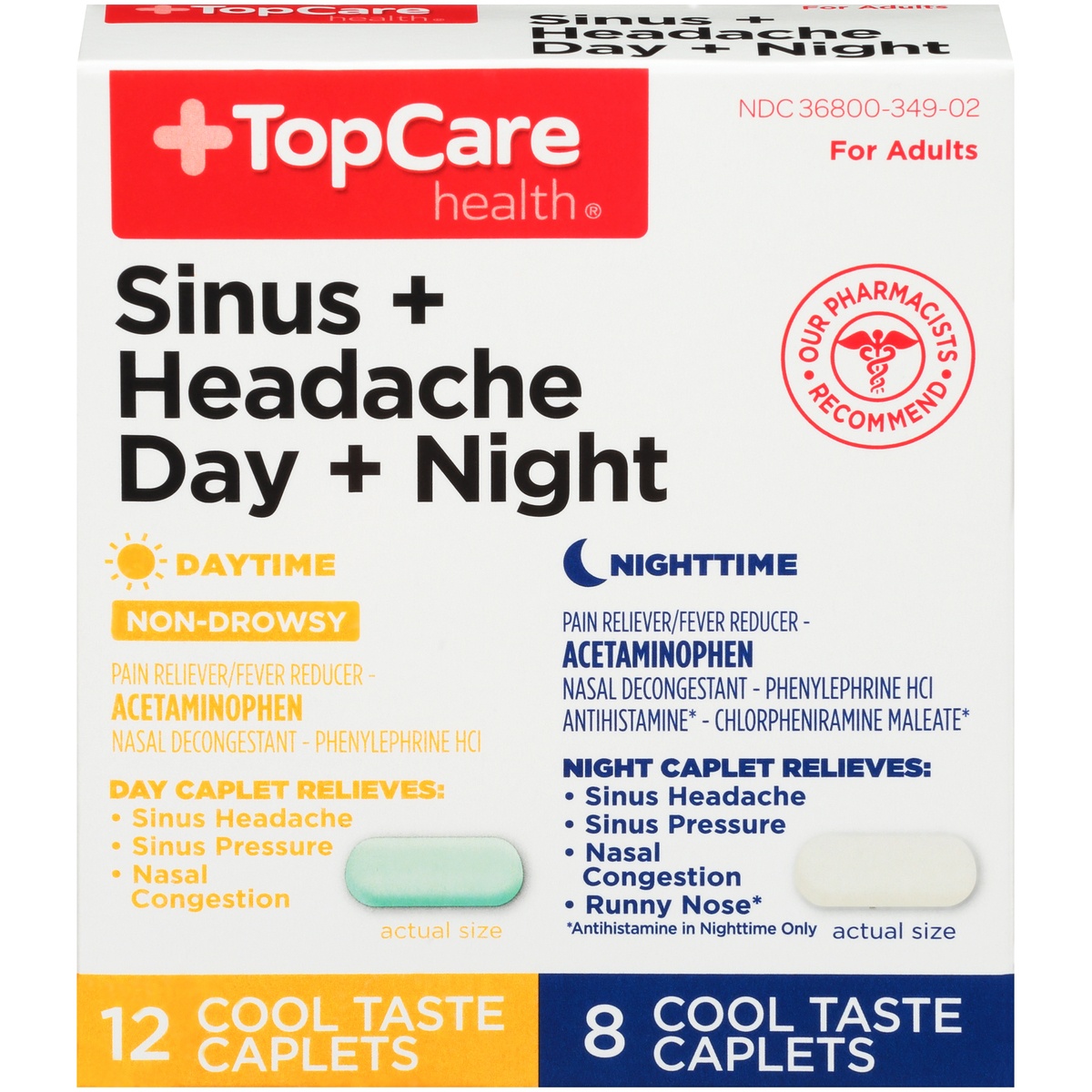 slide 1 of 1, TopCare Sinus Congestion Pain Daytime Nighttime Caplets, 20 ct