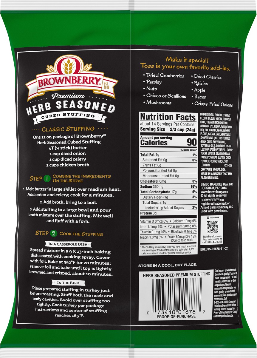 slide 8 of 8, Brownberry Premium Herb Seasoned Cubed Stuffing, 12 oz, Stuffing Bread, Bag, 14 oz