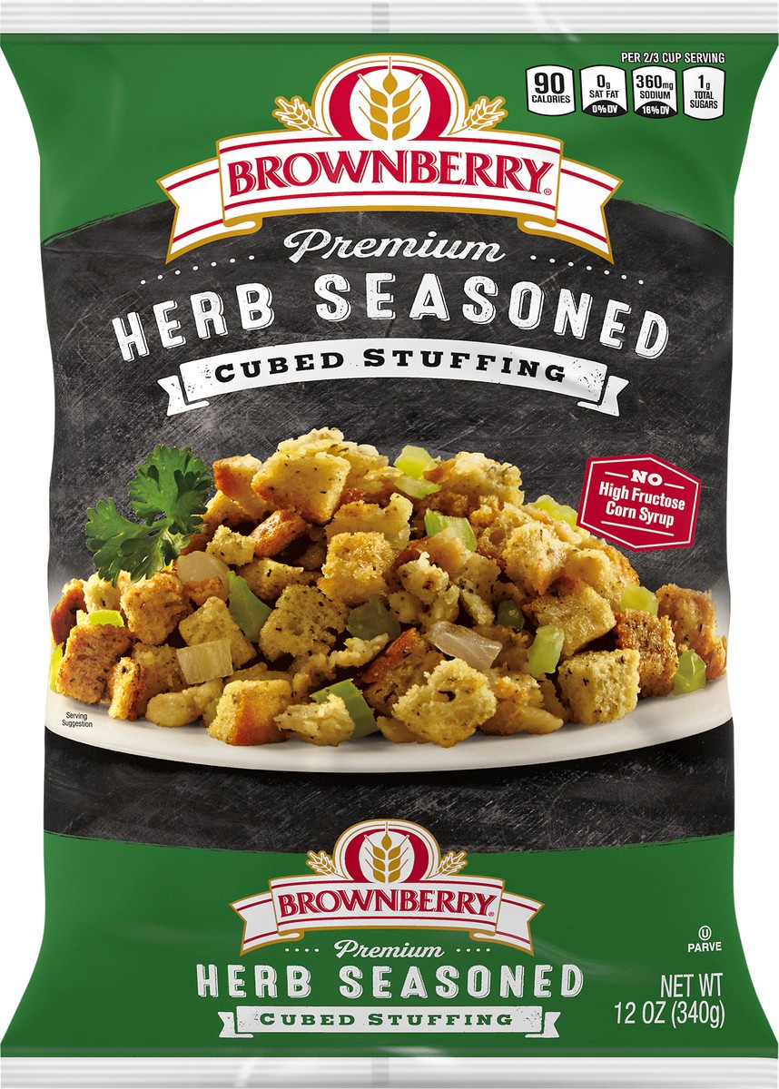 slide 3 of 8, Brownberry Premium Herb Seasoned Cubed Stuffing, 12 oz, Stuffing Bread, Bag, 14 oz