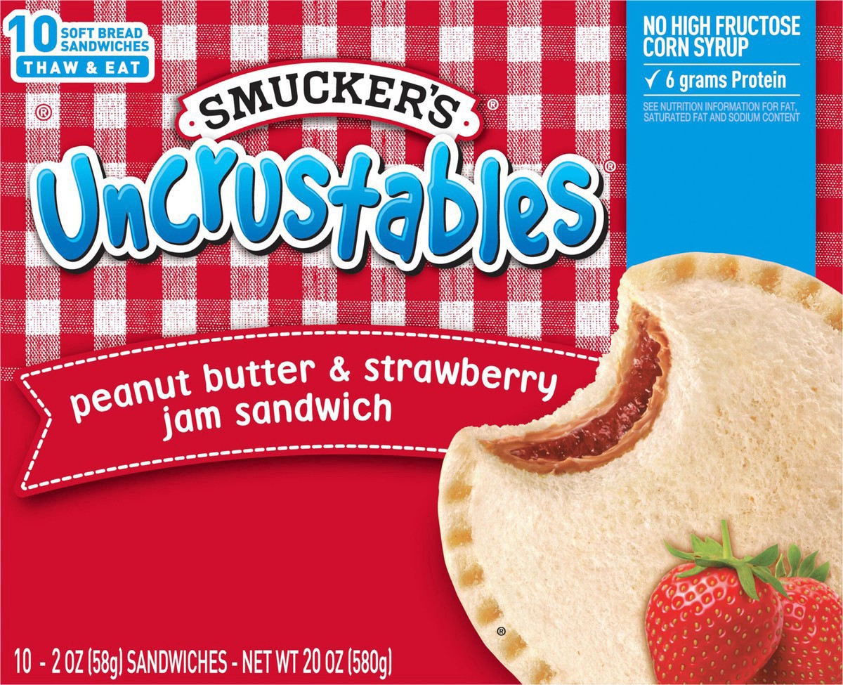 slide 4 of 14, Smucker's Smucker’s Uncrustables Peanut Butter & Strawberry Jam Sandwiches, 10 Count, 2 Oz. Each, Frozen, 10 ct; 2 oz