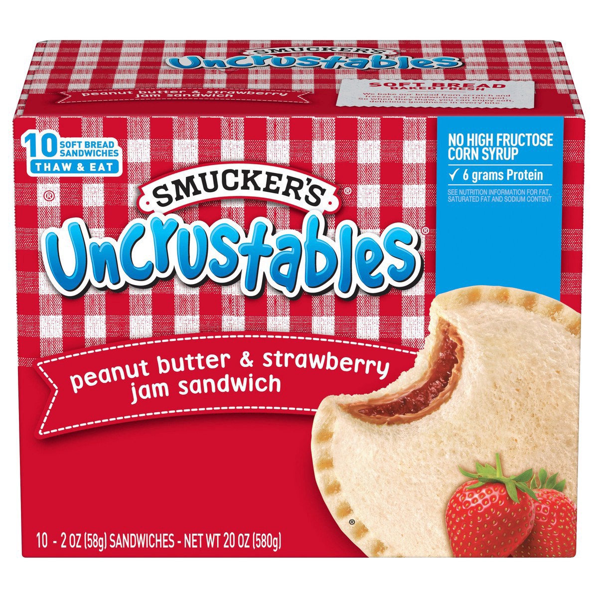 slide 2 of 14, Smucker's Uncrustables Peanut Butter & Strawberry Jam Sandwich, 10-Count Pack, 10 ct; 2 oz