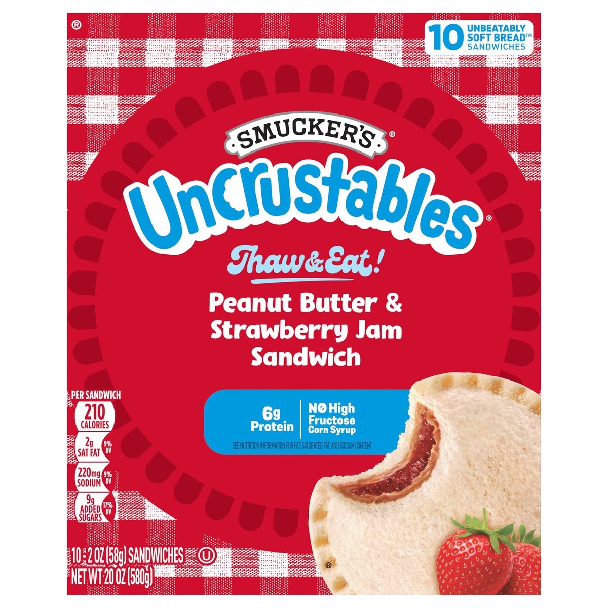 slide 1 of 14, Smucker's Uncrustables Peanut Butter & Strawberry Jam Sandwiches, 2 oz, 10 count (Frozen), 10 ct; 2 oz