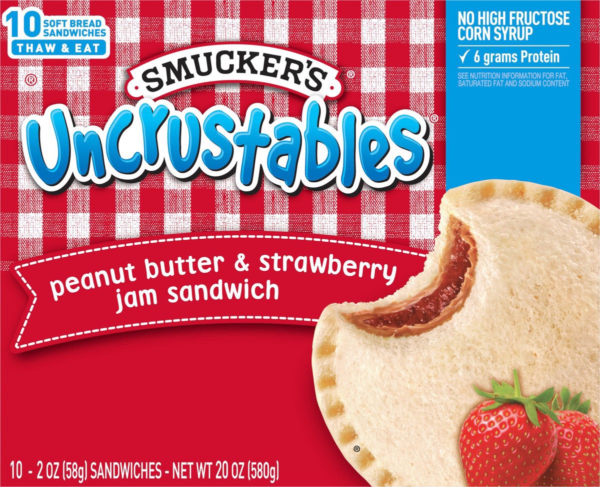 slide 5 of 14, Smucker's Uncrustables Peanut Butter & Strawberry Jam Sandwich, 10-Count Pack, 10 ct; 2 oz