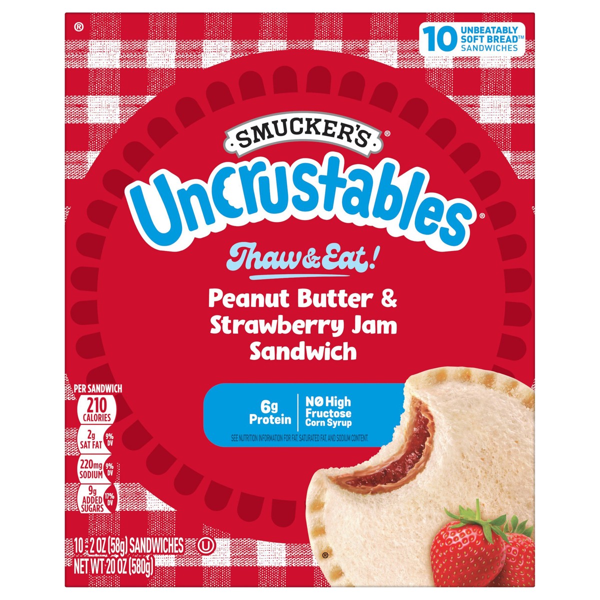 slide 1 of 14, Smucker's Smucker’s Uncrustables Peanut Butter & Strawberry Jam Sandwiches, 10 Count, 2 Oz. Each, Frozen, 10 ct; 2 oz