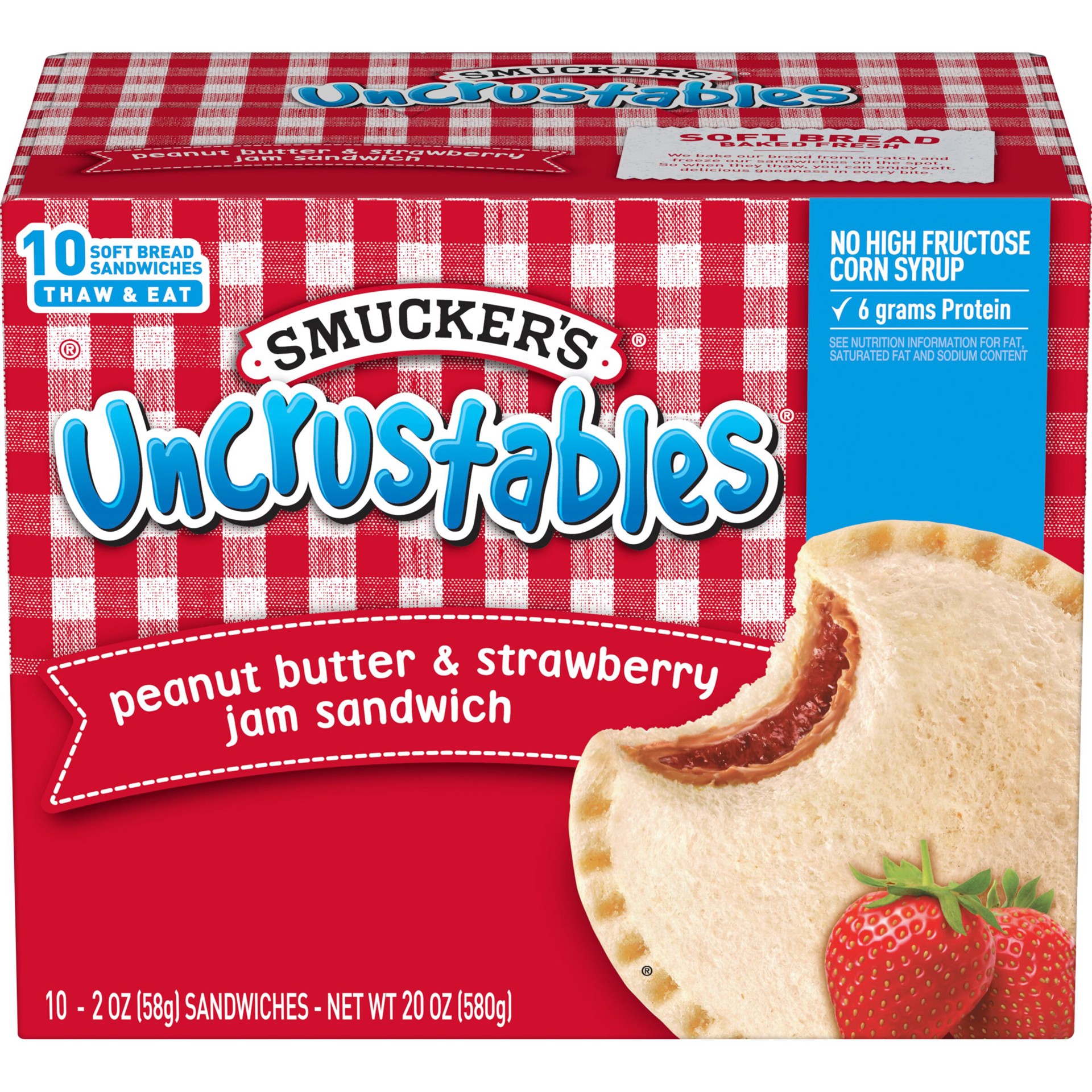 slide 1 of 14, Smucker's Uncrustables Peanut Butter & Strawberry Jam Sandwich, 10-Count Pack, 10 ct; 2 oz