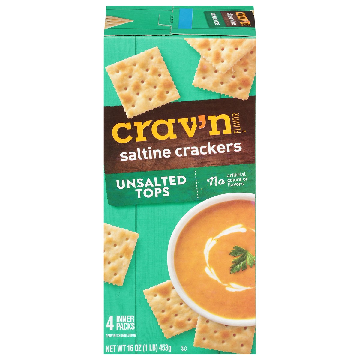 slide 1 of 9, Crav'n Flavor Unsalted Tops Saltine Crackers 4 ea, 4 ct