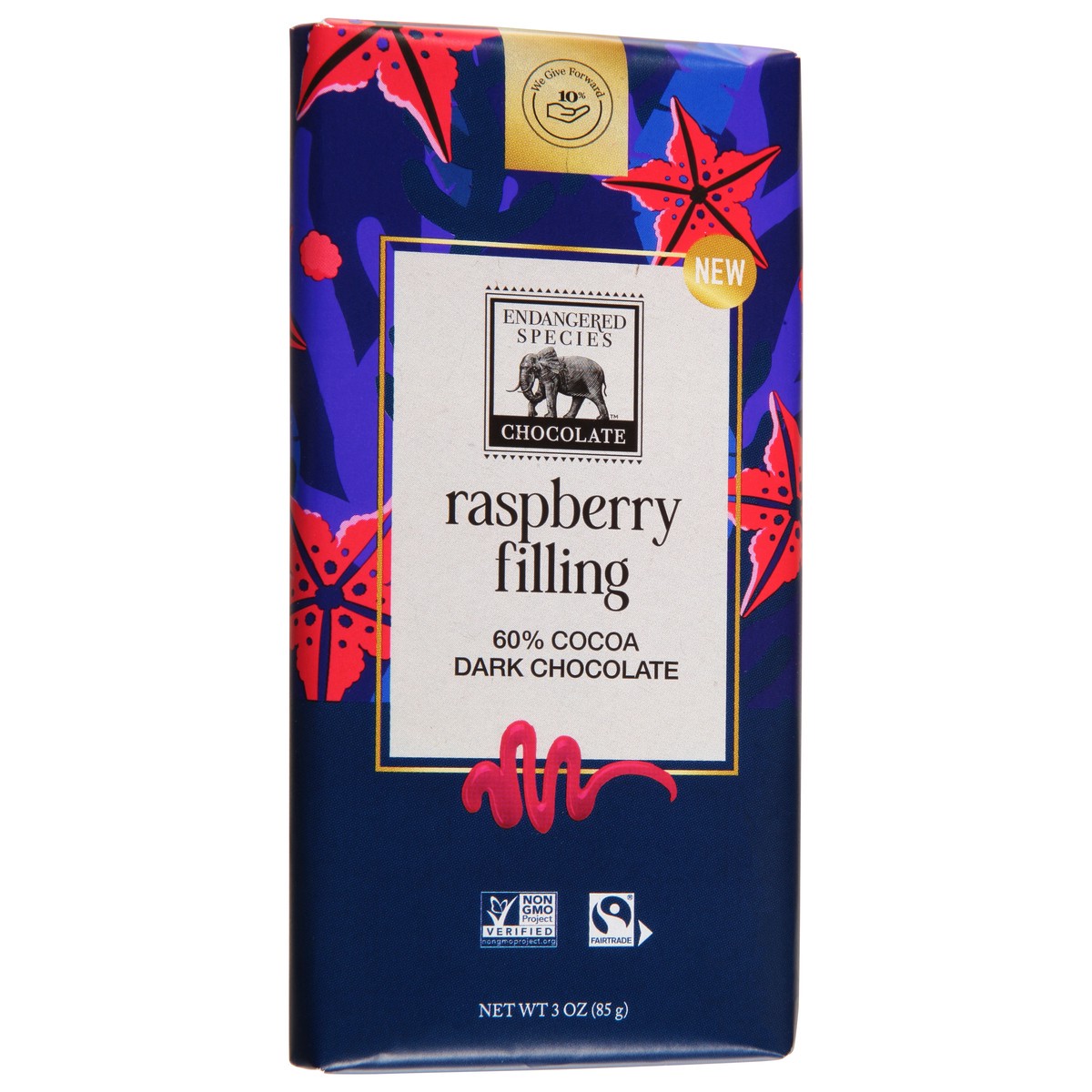 slide 3 of 12, Endangered Species 60% Cocoa Raspberry Filling Dark Chocolate 3 oz, 3 oz