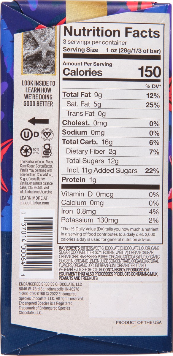 slide 12 of 12, Endangered Species 60% Cocoa Raspberry Filling Dark Chocolate 3 oz, 3 oz
