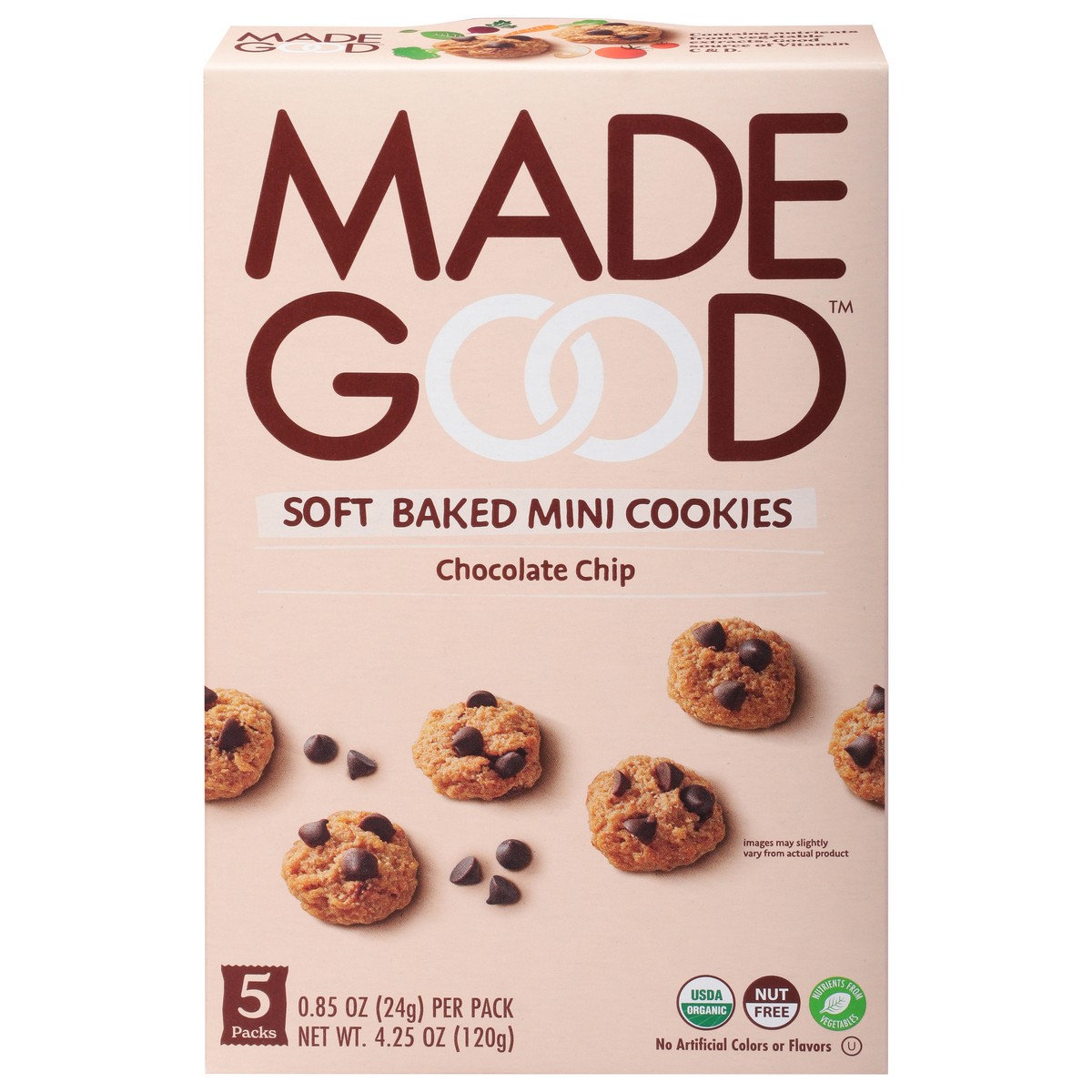 slide 1 of 9, MadeGood Soft Baked Chocolate Chip Cookies Mini 5 - 0.85 oz Packs, 5 ct