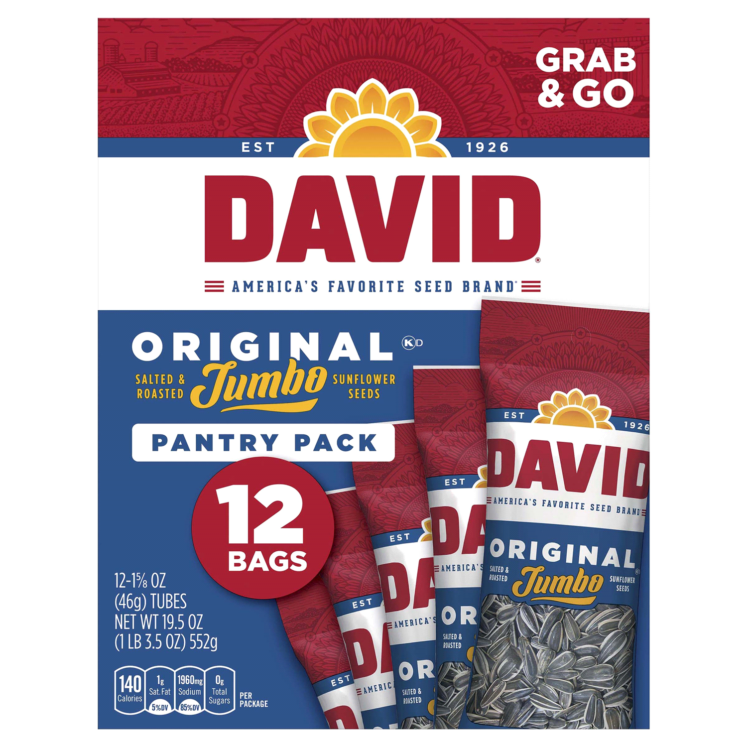 slide 1 of 2, DAVID Jumbo Sunflower Seeds, Original Flavor, 1.625 oz. (Pack of 12), 12 ct
