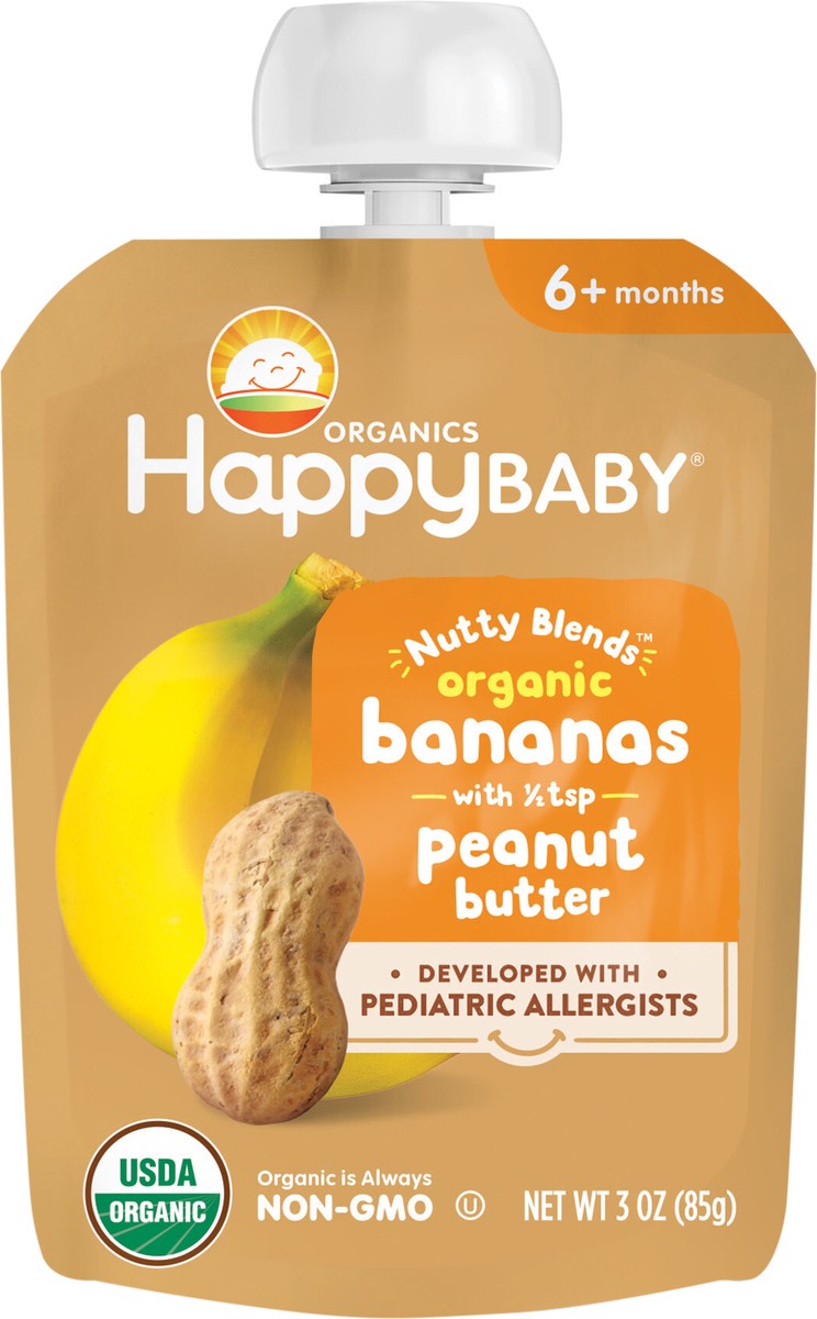 slide 2 of 3, Happy Baby Organics Nutty Blends Organic Bananas with 1/2 tsp Peanut Butter 3oz Pouch, 3 oz
