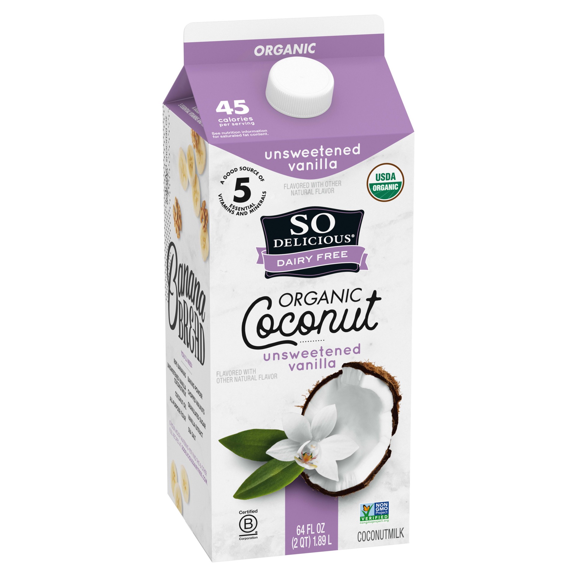 slide 3 of 5, So Delicious Dairy Free Coconut Milk, Unsweetened, Vanilla, Half Gallon, Vegan, Non-GMO Project Verified, 64oz., 64 fl oz