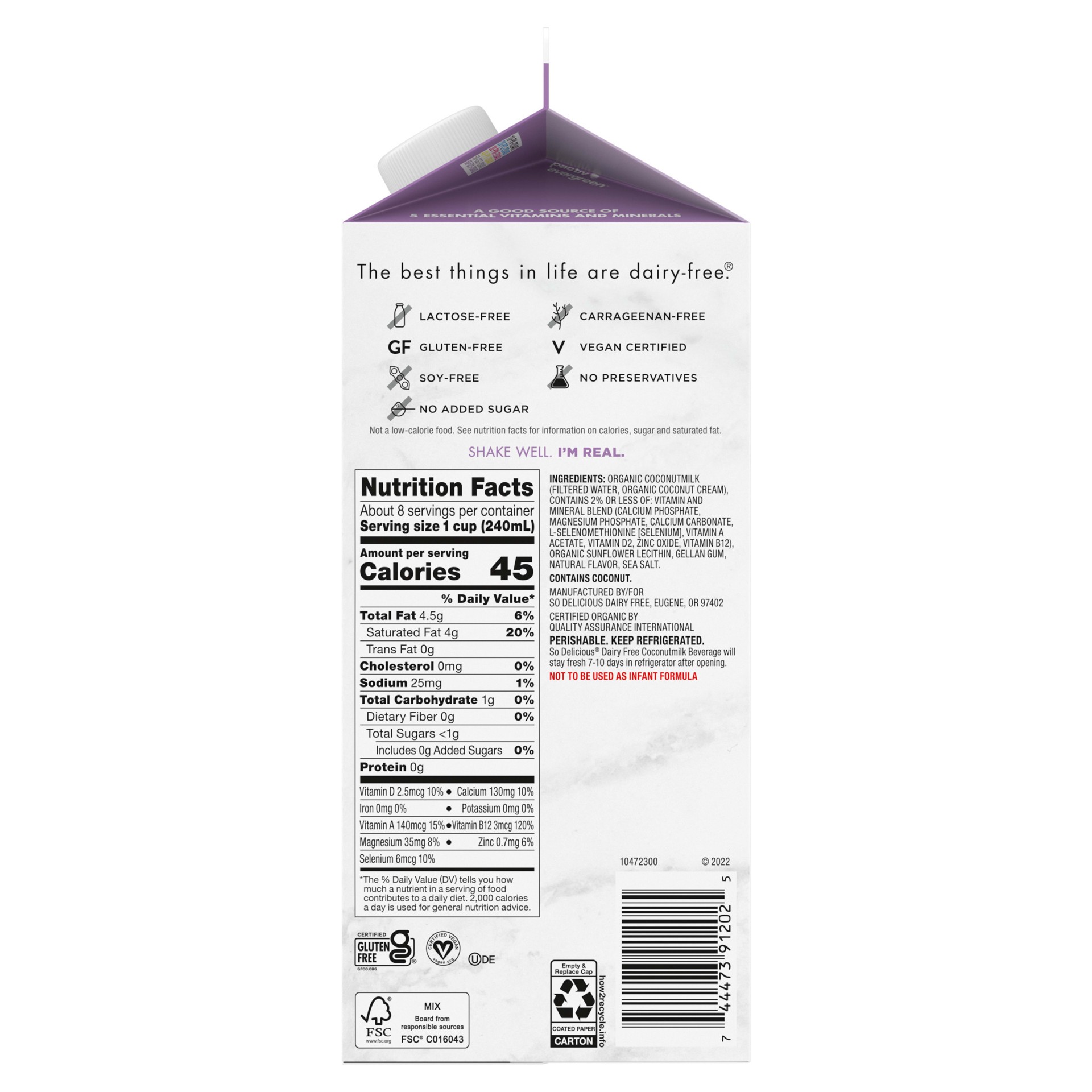 slide 5 of 5, So Delicious Dairy Free Coconut Milk, Unsweetened, Vanilla, Half Gallon, Vegan, Non-GMO Project Verified, 64oz., 64 fl oz