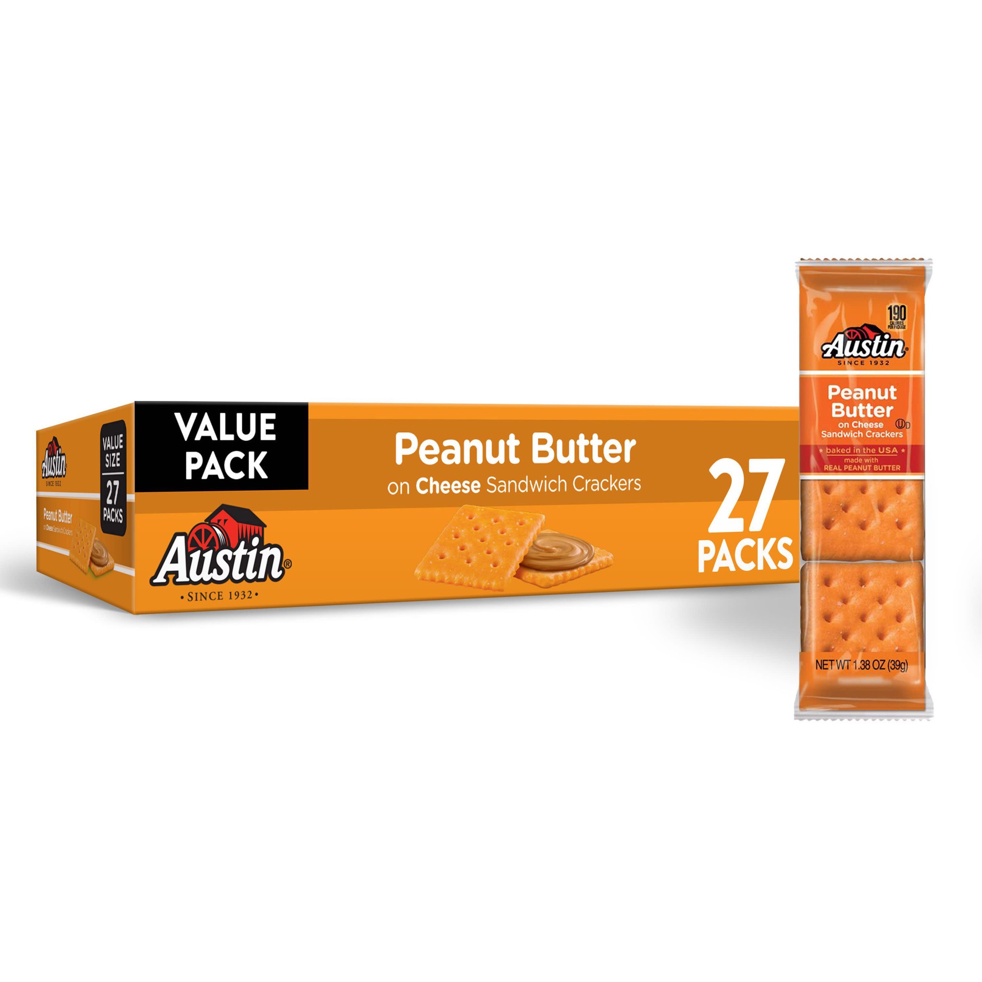 slide 1 of 5, Austin Sandwich Crackers, Peanut Butter on Cheese, 37.2 oz, 27 Count, 37.2 oz