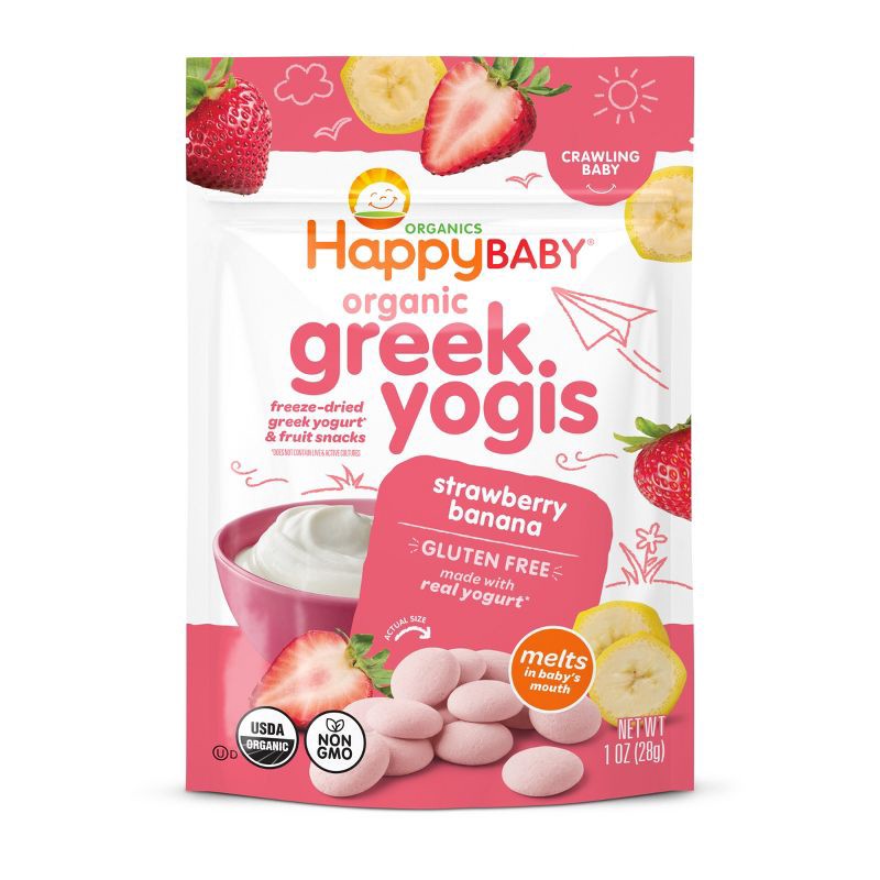 slide 1 of 11, Happy Baby Organic Yogis Strawberry Banana Freeze Dried Greek Yogurt & Fruit Baby Snacks - 1oz, 1 oz