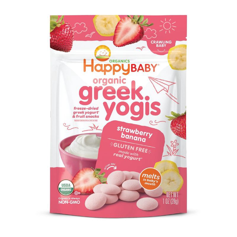 slide 1 of 5, Happy Family Happy Baby Organic Yogis Strawberry Banana Freeze Dried Greek Yogurt & Fruit Baby Snacks - 1oz, 1 oz