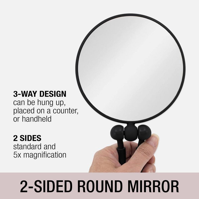 slide 3 of 5, Conair Perfect Position 2-Sided Round Mirror - 1x/5x Magnification - Handheld/Hang/Stand - Black or Charcoal, 1 ct