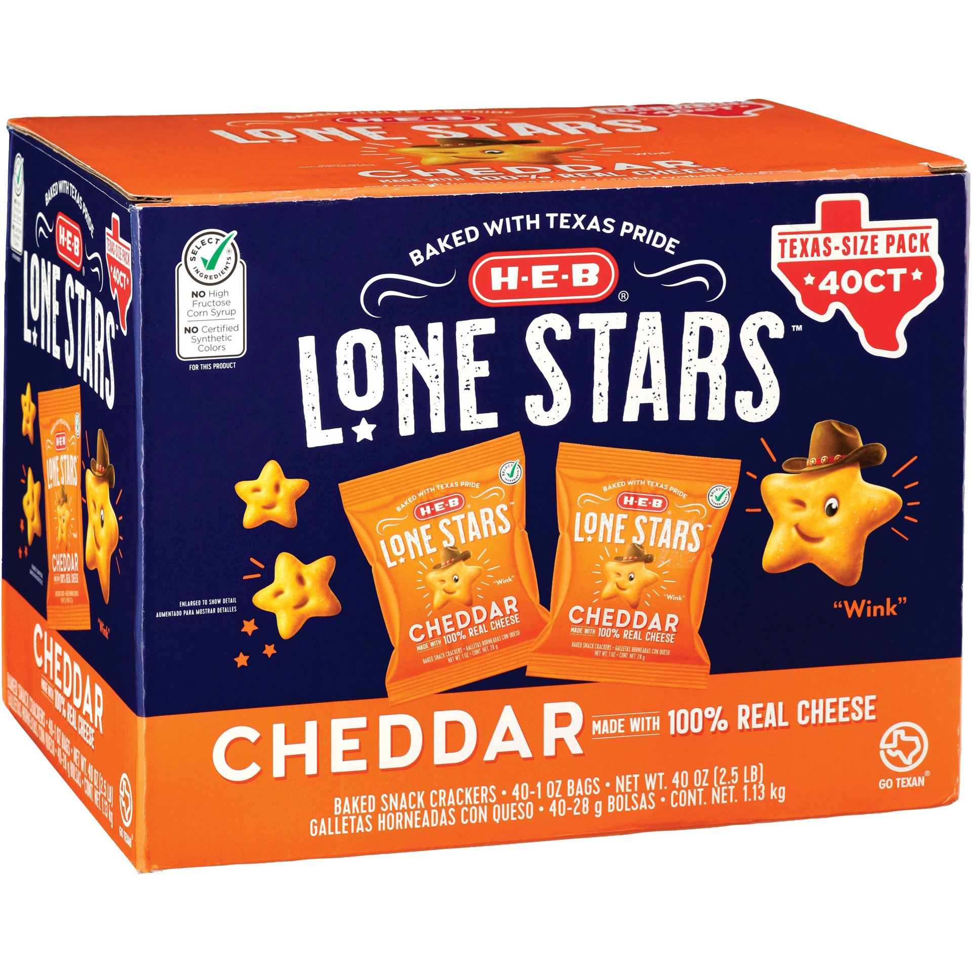 slide 1 of 1, H-E-B Cheddar Lone Stars Baked Snack Crackers 1 oz Bags - Texas-Size Pack, 40 ct