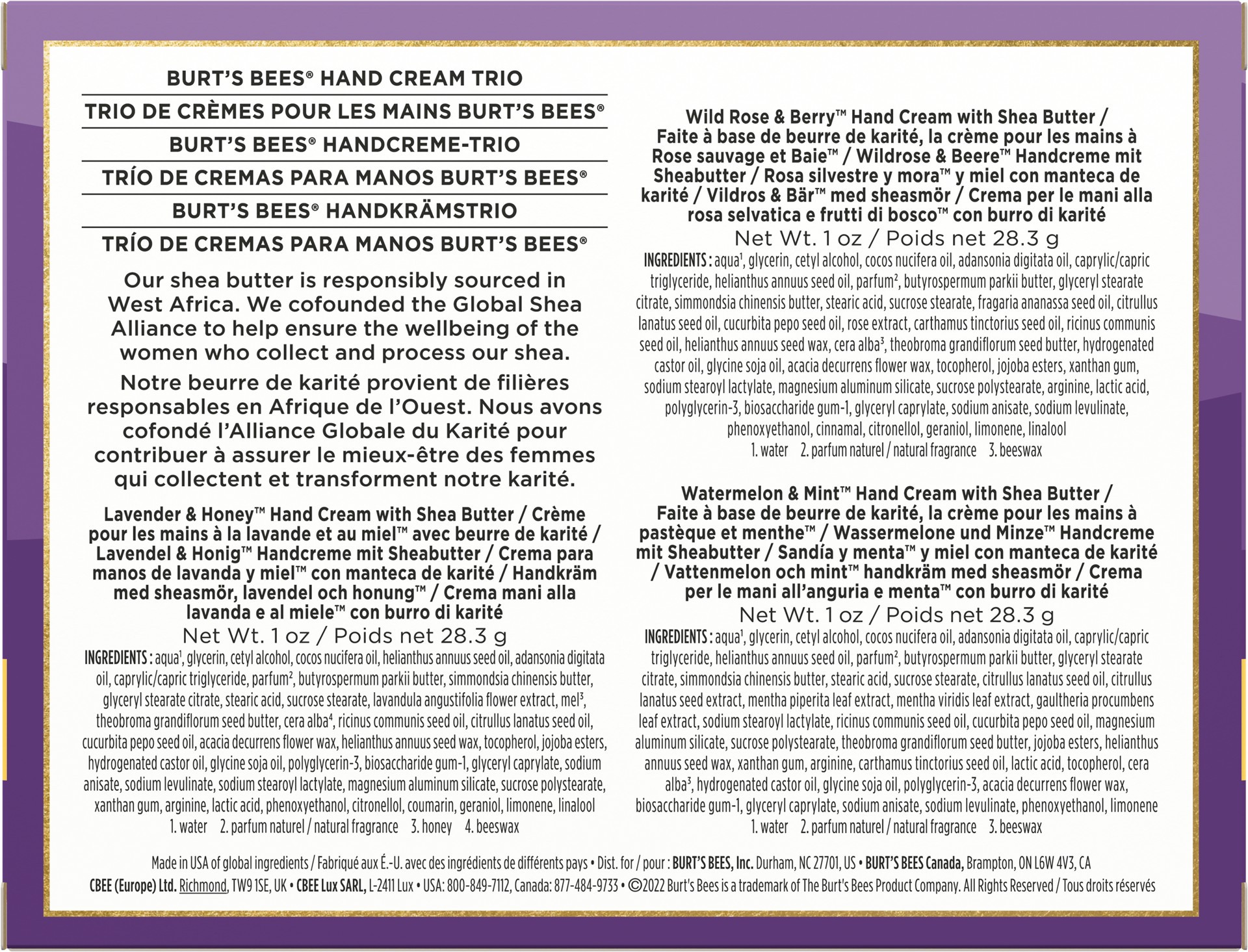 slide 5 of 5, Burt's Bees Hand Cream Trio Gift Set, With Shea Butter, 99 Percent Natural Origin, 3 Tubes, 1 oz., 1 ct