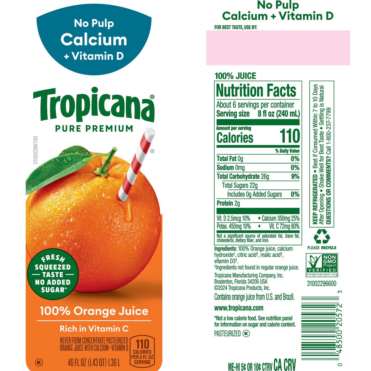 slide 4 of 12, Tropicana Pure Premium Original No Pulp 100% Orange Juice With Calcium, 46 Fl Oz Bottle, 46 fl oz