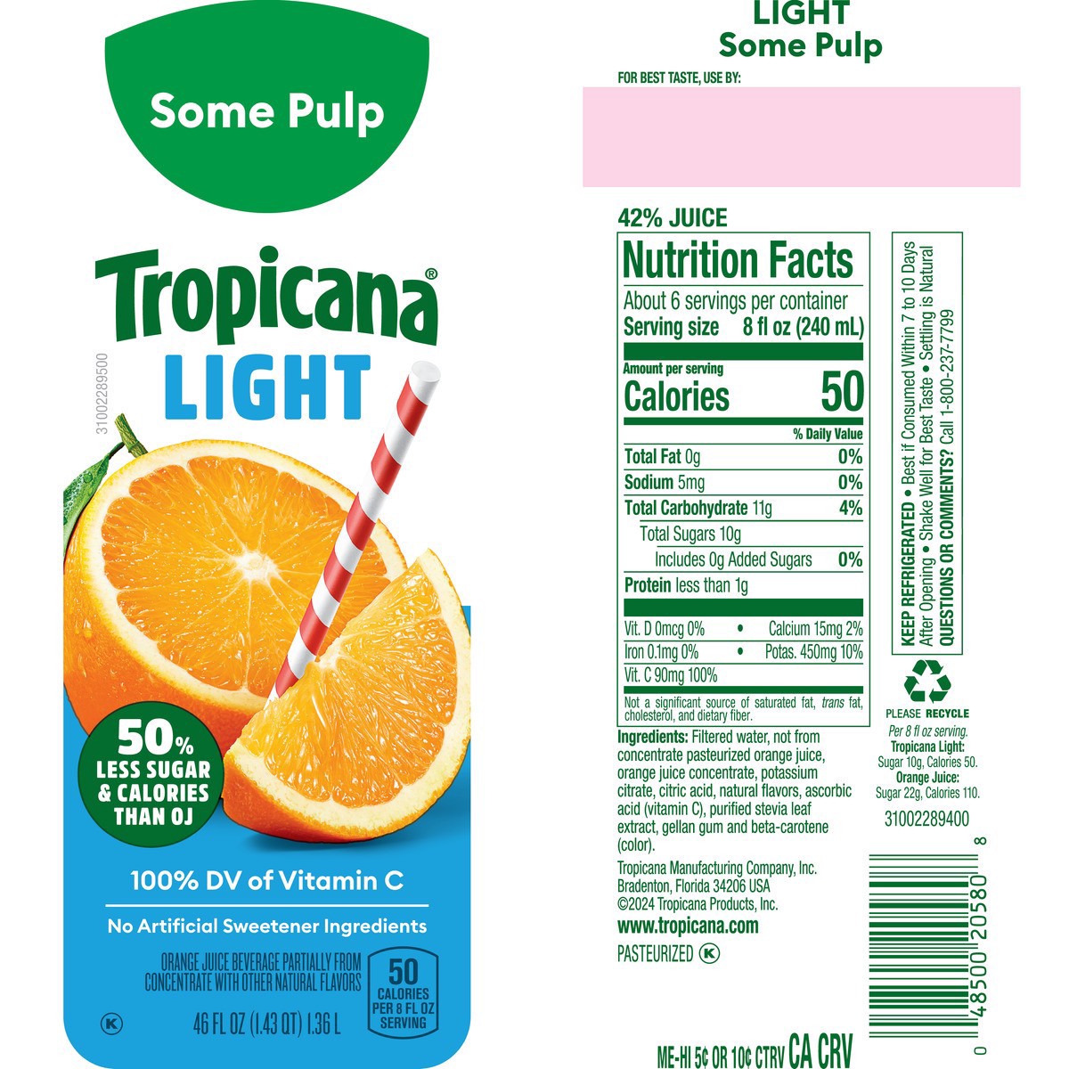 slide 8 of 12, Tropicana Orange Juice Light With Pulp, 46 oz
