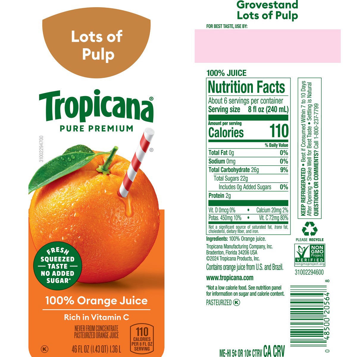 slide 6 of 12, Tropicana Pure Premium Orange Juice Lots Of Pulp, 46 oz