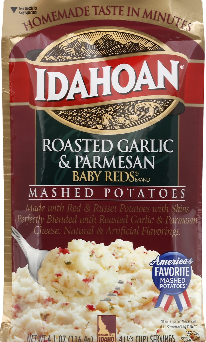 slide 4 of 9, Idahoan Roasted Garlic & Parmesan Baby Reds Mashed Potatoes, 4.1 oz