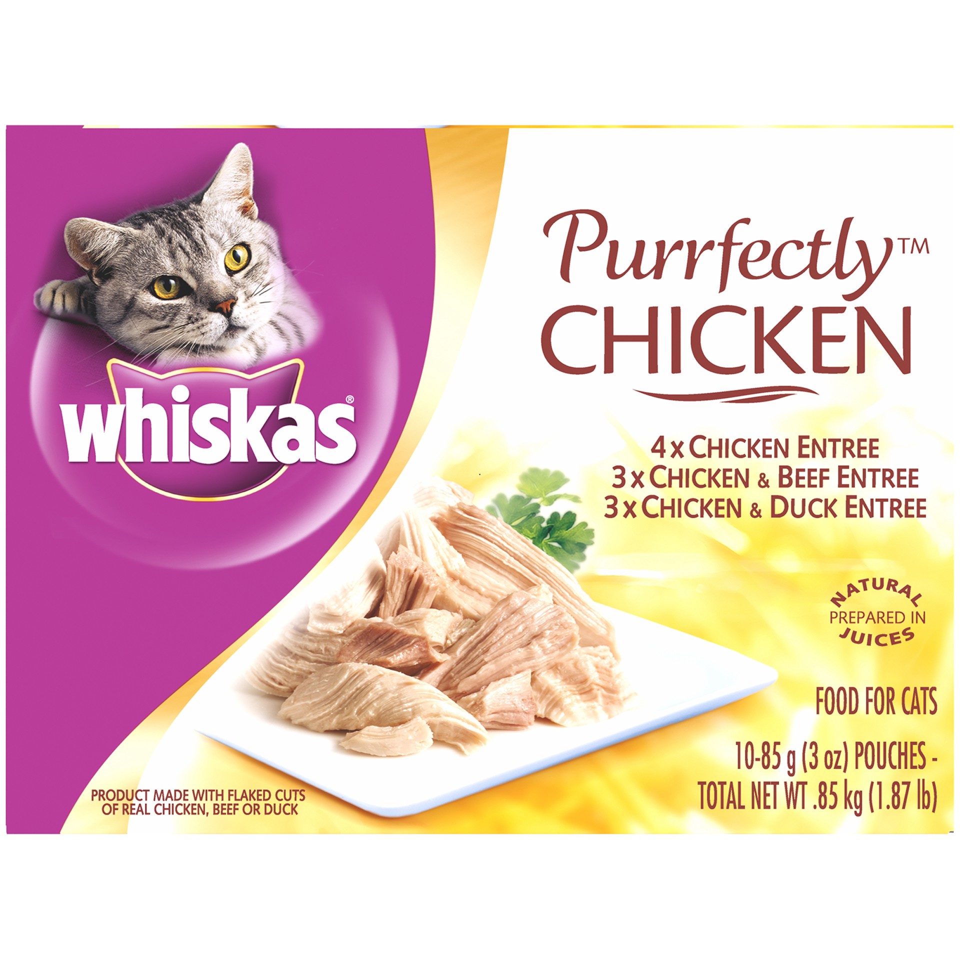 slide 1 of 3, WHISKAS PURRFECTLY Chicken Variety Pack Wet Cat Food, 1.87 Oz