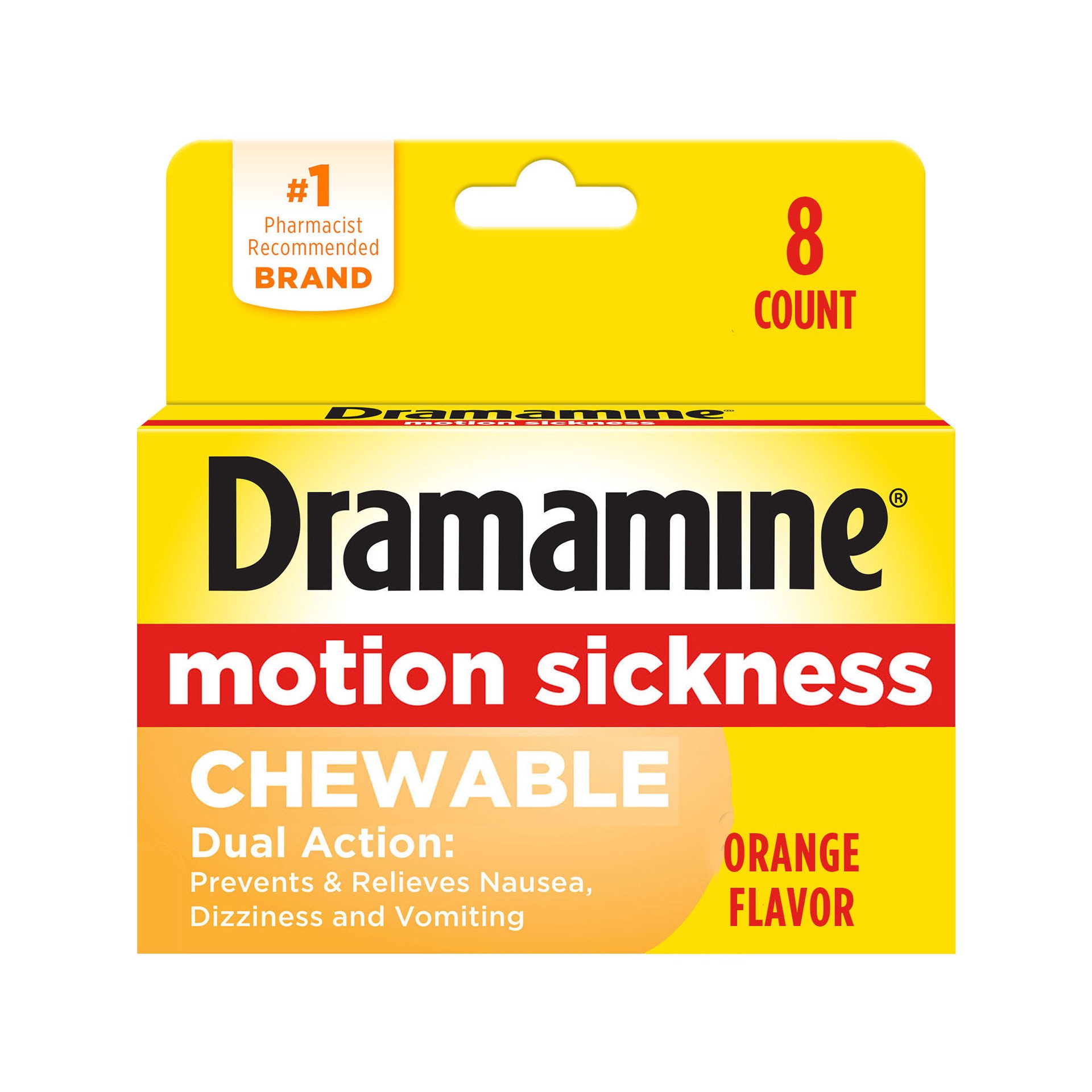 slide 1 of 1, Dramamine Chewable, Motion Sickness Relief, Orange Flavor, 8 Count, 8 ct