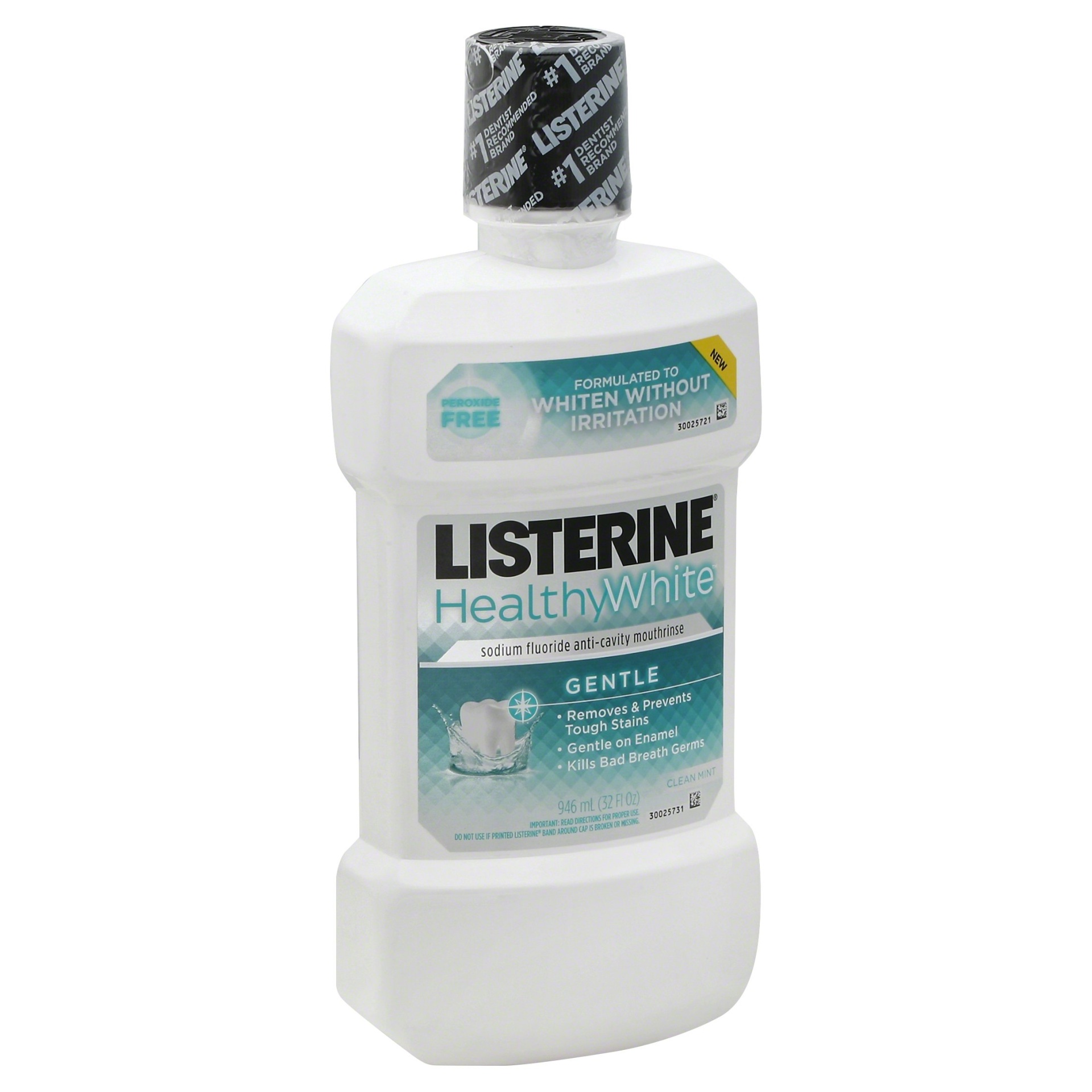 slide 1 of 1, Listerine Healthy White Gentle Clean Mint Sodium Fluoride Anti-Cavity Mouthrinse, 32 fl oz