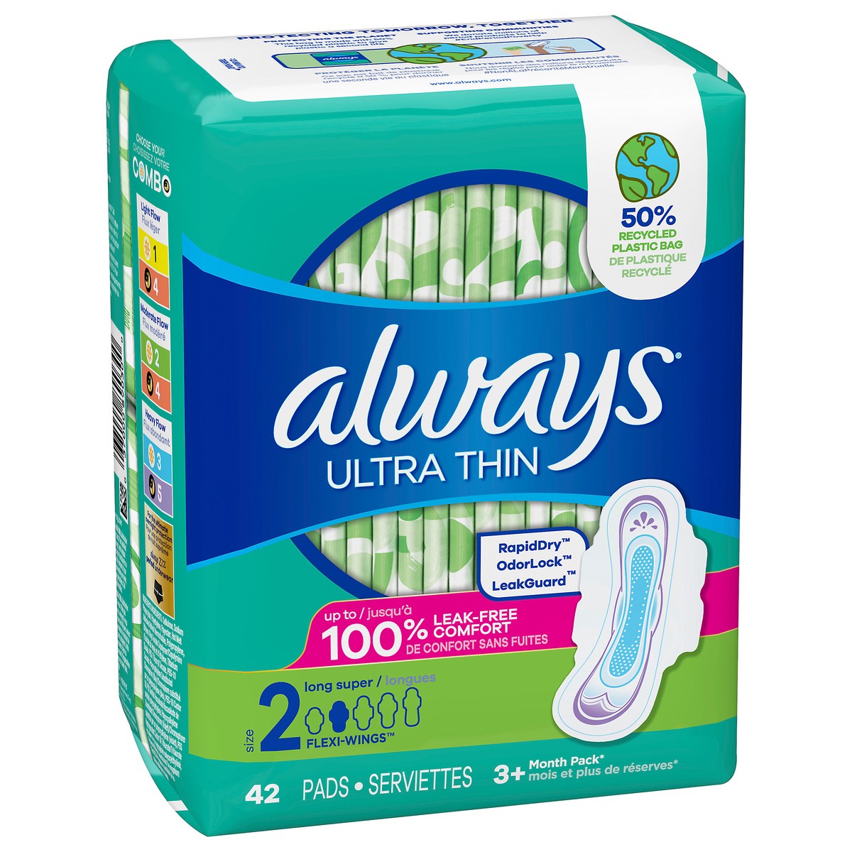 slide 2 of 5, Always Ultra Thin Feminine Pads with Wings for Women, Size 2, Long Super Absorbency, Unscented, 42 Count, 42 ct