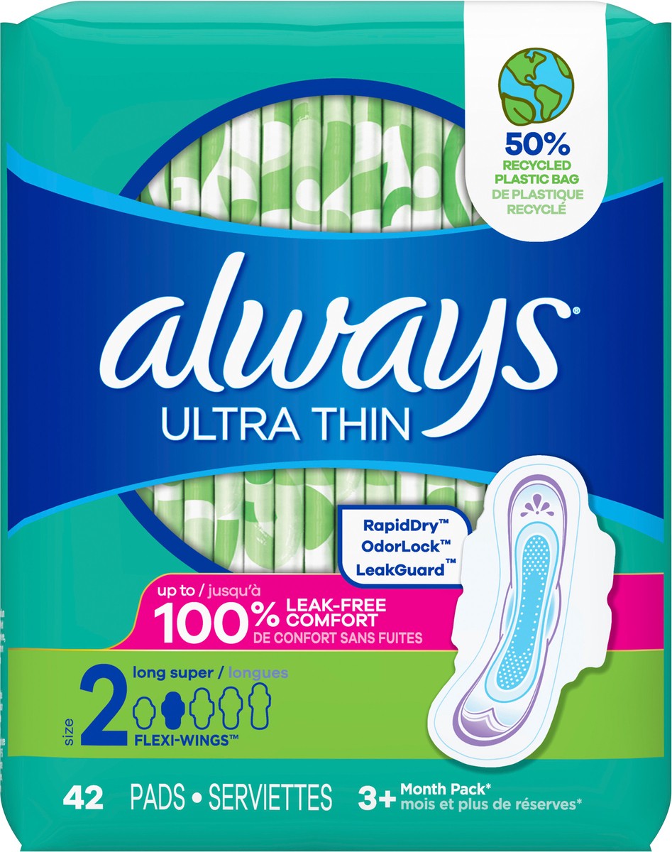 slide 5 of 5, Always Ultra Thin Feminine Pads with Wings for Women, Size 2, Long Super Absorbency, Unscented, 42 Count, 42 ct