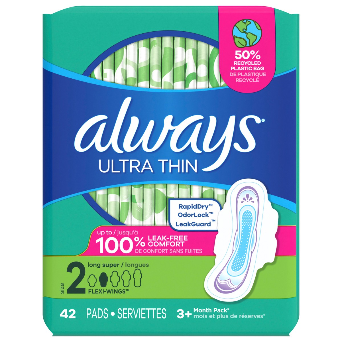 slide 1 of 5, Always Ultra Thin Feminine Pads with Wings for Women, Size 2, Long Super Absorbency, Unscented, 42 Count, 42 ct