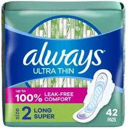 Always Ultra Thin Feminine Pads with Wings for Women, Size 2, Long Super Absorbency, Unscented, 42 Count