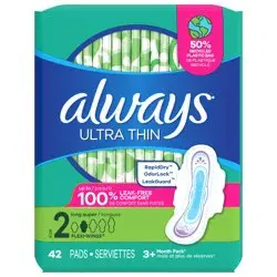 Always Ultra Thin Feminine Pads with Wings for Women, Size 2, Long Super Absorbency, Unscented, 42 Count