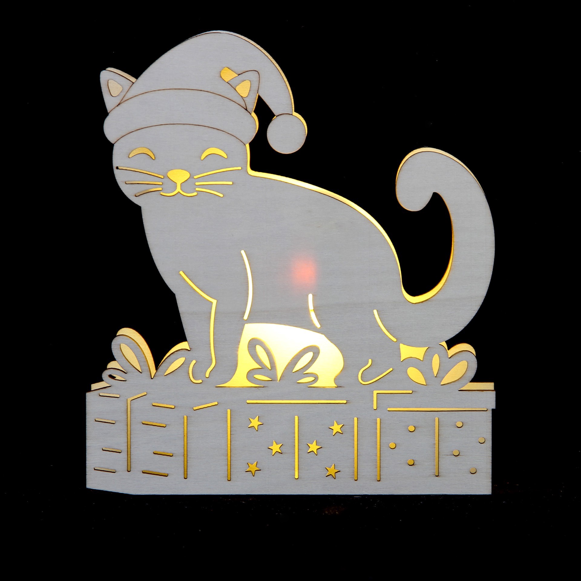 slide 3 of 3, 7" Unfinished Cat In Santa Hat Diy Led Wood Decor By Make Market, 7 in