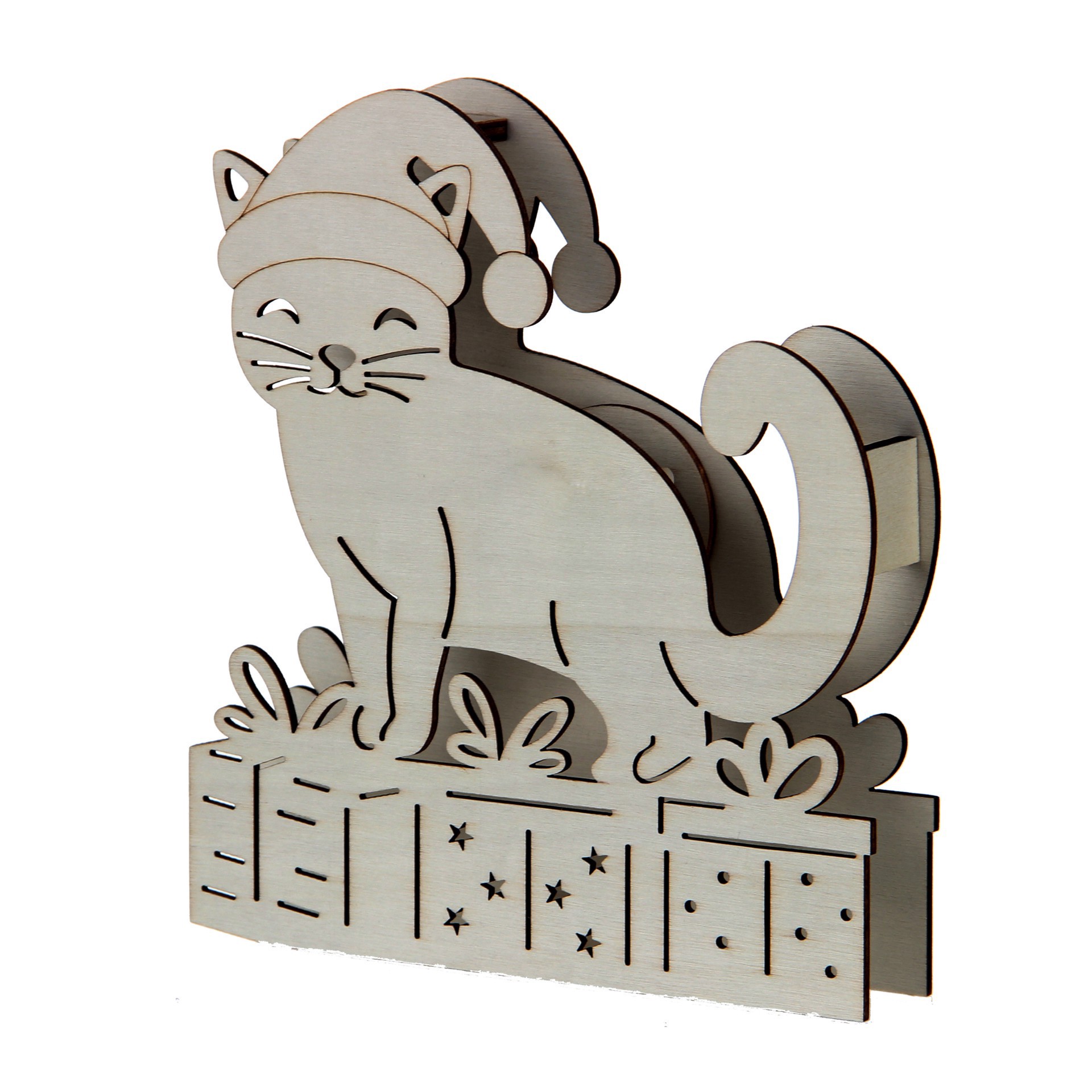 slide 2 of 3, 7" Unfinished Cat In Santa Hat Diy Led Wood Decor By Make Market, 7 in