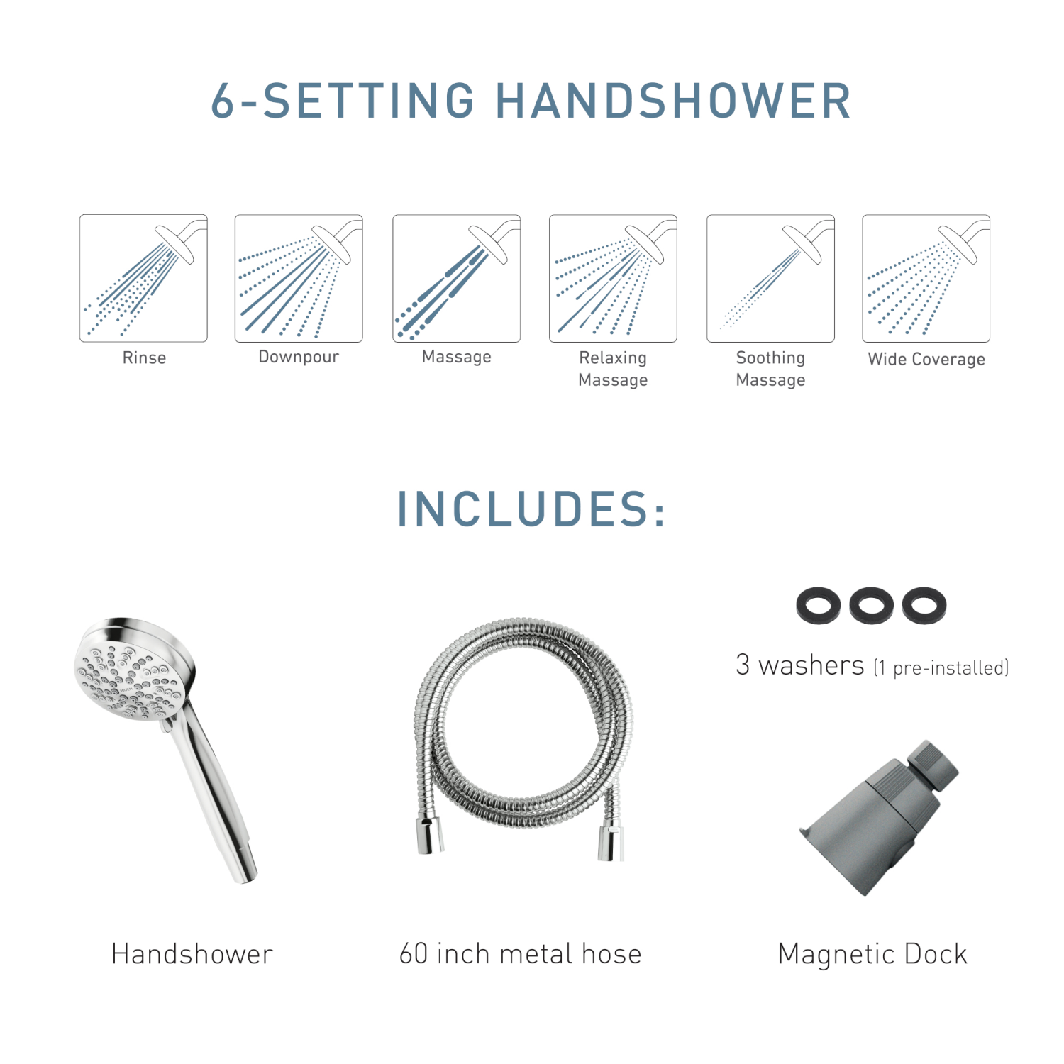 slide 5 of 5, Moen Engage Magnetix 4-Inch Six-Function Handheld Eco-Performance Showerhead with Magnetic Docking System, Chrome, 1 ct