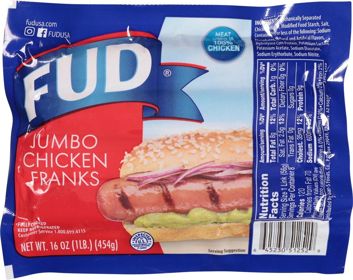 slide 13 of 15, FUD Jumbo Chicken Franks 16 oz, 16 oz