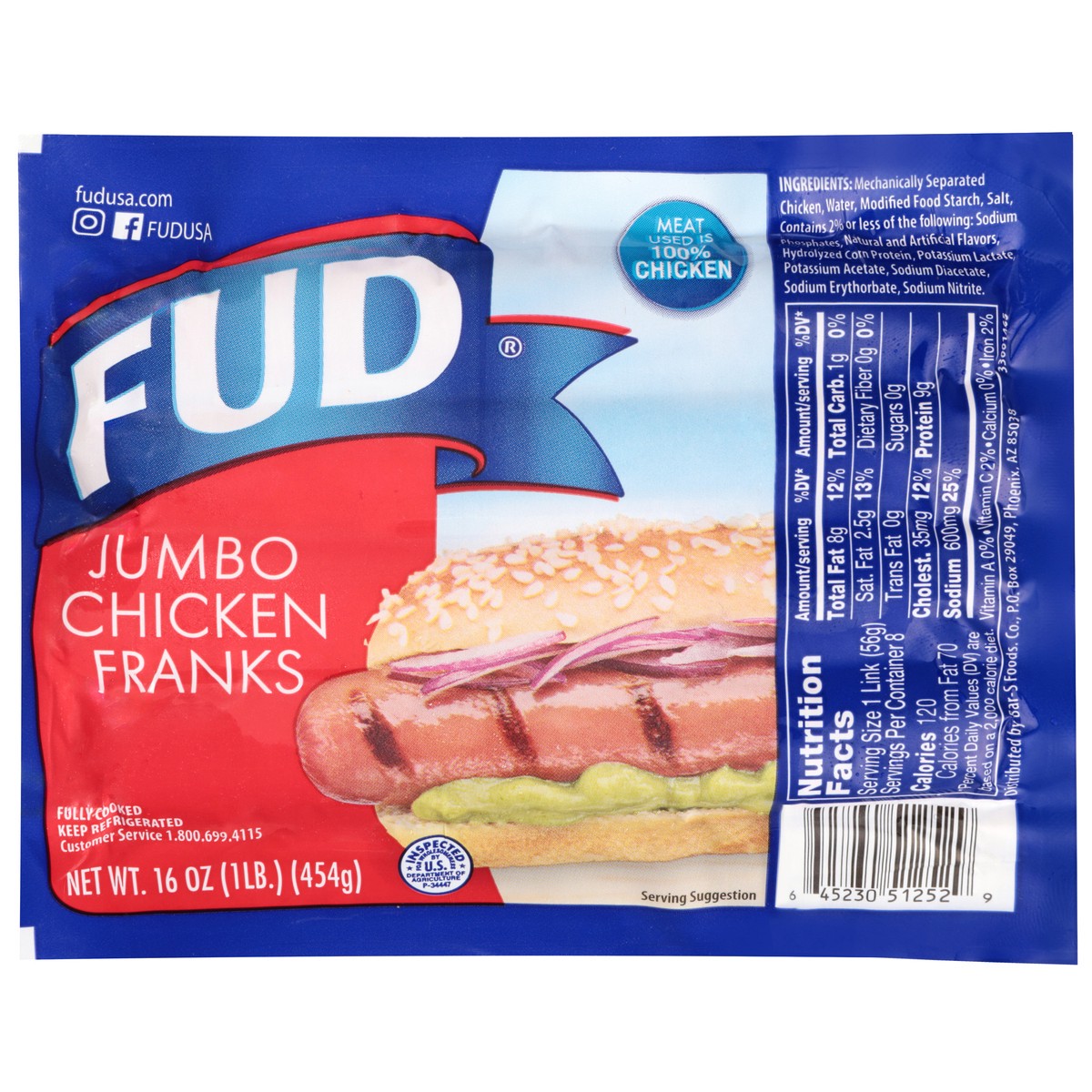 slide 1 of 15, FUD Jumbo Chicken Franks 16 oz, 16 oz
