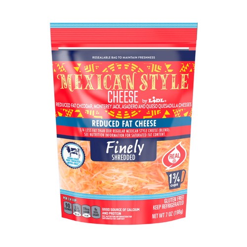 slide 1 of 1, finely shredded Mexican style cheese, reduced fat, 7 oz