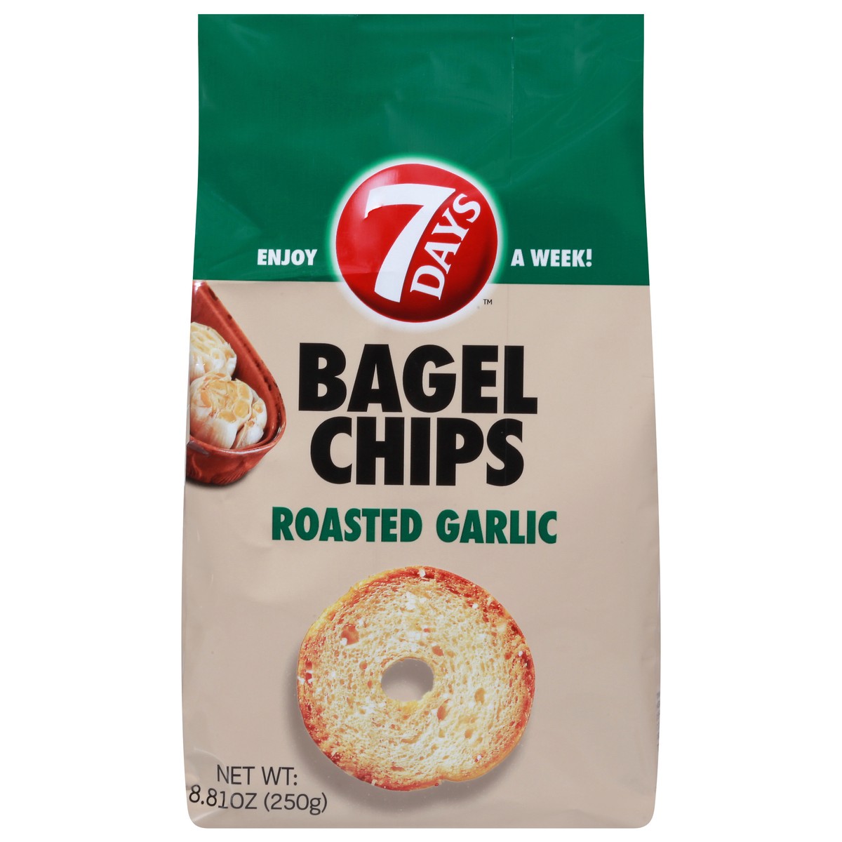 slide 1 of 14, 7DAYS Roasted Garlic Bagel Chips 8.81 oz, 8.81 oz