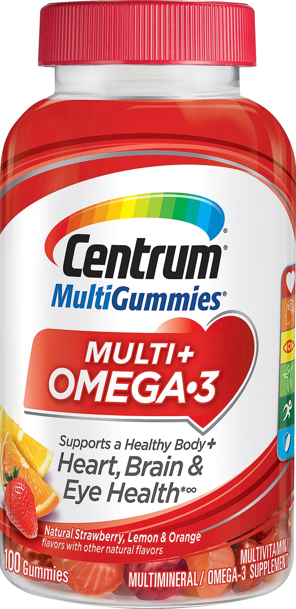 slide 5 of 6, Centrum MultiGummies Multi & Omega-3 Dietary Supplement - Strawberry Lemon & Orange, 100 ct