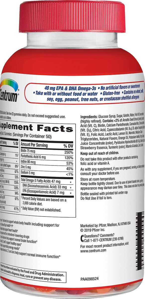 slide 6 of 6, Centrum MultiGummies Multi & Omega-3 Dietary Supplement - Strawberry Lemon & Orange, 100 ct