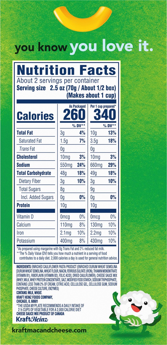 slide 7 of 11, Kraft White Cheddar Macaroni and Cheese with Cauliflower Pasta, 5.5 oz Box, 5.5 oz